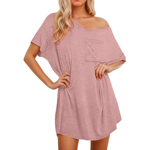 Cexiakong Camisón largo para mujer, vestido de dormir con hombros descubiertos, monocolor, camisón de verano, manga corta, camisón largo, camisón cómodo, camisón con cuello en V, corte holgado, bata