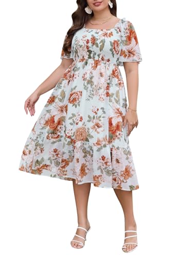 Image of Keluummi Plus Size Wedding Guest Maxi Dresses for Curvy Women, Summer Casual Boho Floral Smocked Empire Waist A Line Sundress