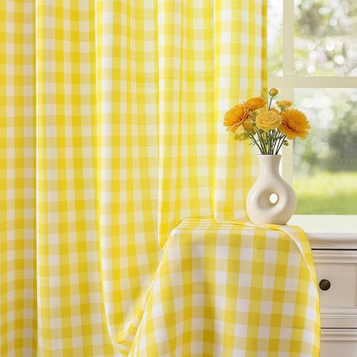 Yellow White Buffalo Plaid Privacy Curtain Kitchen Kids Room 63 Inch Length