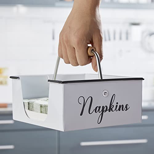 Napkin Holder For Table, Bivvclaz Rustic Metal Napkin Holders For Paper Napkins, Napkin Holders For Kitchen With Wood Accent, Flat Napkin Dispenser For Indoor & Outdoor Use, White #TOP4