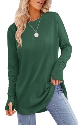 Image of Aokosor Womens Tunic Tops for Leggings Ladies Loose Fit Jumpers Long Sleeve Sweatshirts Thumbholes Curved Hem Size 26-28 Forest Green