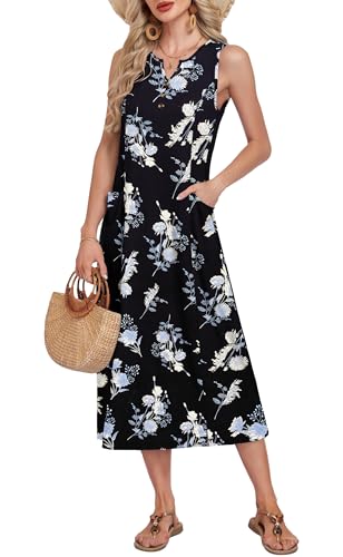 MOLERANI Women's Summer Button Down Casual Midi Dress with Pockets V Neck Sleeveless T Shirt Dresses 2026, Floral Blue WT, 2XL — view 4
