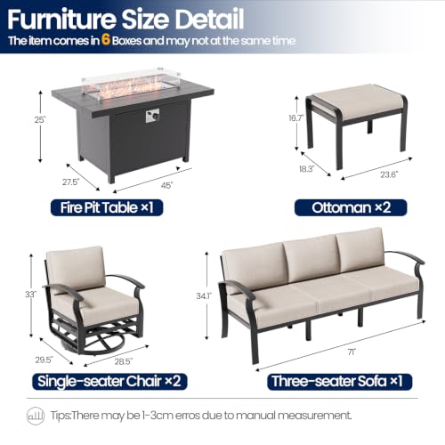 Image of Aluminum Patio Furniture Set with Fire Pit Table, 7 Seats Outdoor Patio Conversation Sets with Swivel Chairs, Modern Metal Sectional Sofa with Upgrade Cushions for Patio, Backyard, Deck - Sand