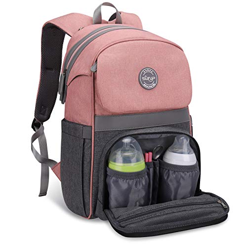 Diaper Bag Backpack, SUNUP Multifunction Baby Girls Boys Diaper Bag, Travel Waterproof Back Pack with 4 Insulated Bottle Pockets, 2020 New Pink Grey