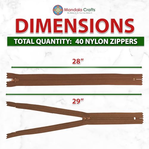 Image of Mandala Crafts 40 PCs Brown Closed-End 28 Inches Nylon Zippers for Sewing
