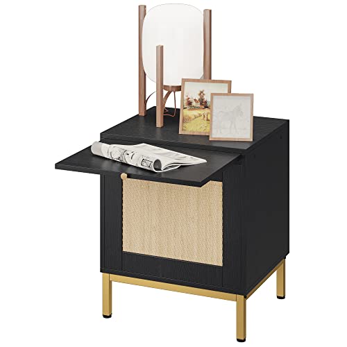 Homhougo Rattan Nightstands With Tray Set Of 2, Classic Wood Grain Pattern Side Table, Accent Table, End Table With Storage Shelf For Entryway, Bedroom, Black #TOP25
