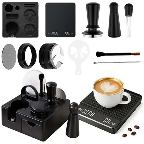 10 PCS Espresso Accessories Kit - 51mm Espresso Tools Set with WDT Tool, Espresso Tamper, Tamping Station, Coffee Distributor, Dosing Funnel, Puck Screen, Latte Art Pen,Stencils & Coffee Scale