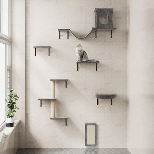 NUNU LAB Cat Wall Shelves, 6 Pcs Luxury Wall-Mounted Cat Climber Set, Indoor Cat Furniture with 1 Condos House, 2 Cat Wall Shelves, 1 Scratching, 1 Bridge Ladder, 1 Scratching Pad, Dark Gray - Thumbnail 5