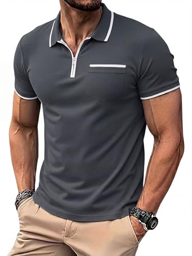 Runcati Herren Poloshirt Kurzarm Sommer Golf T-Shirt Einfarbig Slim Fit Polohemd Männer Casual Tennis Sport Shirt Basic Freizeit Poloshirts mit Reißverschluss