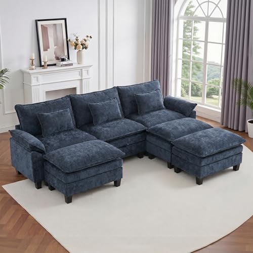 Image of IPKIG 117 inch Modular Cloud Couch with Storage, C Shaped Sectional Sofa | 3 Seater Blue Chenille Deep Seat Sectional Couches with Ottoman and Pillow for Living Room, Apartment