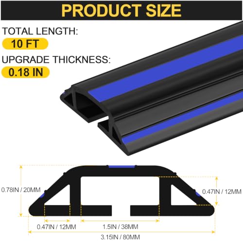 Image of MYFAMIREA 10FT Floor Cord Cover Heavy Duty Cord Cover for Wire on Floor | Outdoor Cable Covers Protector with 3 Channels, Extension PVC Wire Covers Hider Management for Home Office, Blue and Black