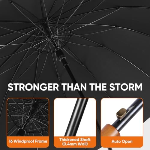 Stick Umbrella, Vintage Wood Crook Handle, 16 Reinforced Ribs, 51 Inch Oversized Parasol, High Density Large Canopy, UV Protection, Auto Open, for Rain and Sun, Golf Outdoor Travel & Daily Use — 사진 5
