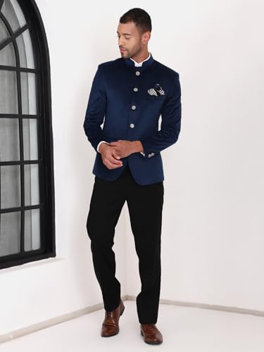 Image of MANQ Men Slim Fit Bandhgala Velvet Blazer - Mandarin Collar, Button Closure, Long Sleeves, Solid Ethnic Winter Wear with Three Pockets for Adults
