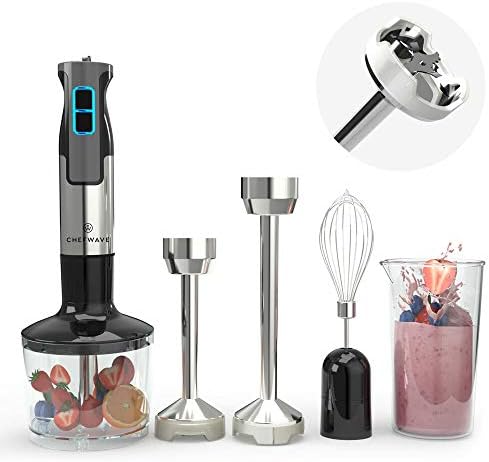 ChefWave Intermix Immersion Blender Handheld, 500W 5-in-1 Multi-Purpose Hand Blender, 9-Speed Stick Blender, 20oz Beaker, 20oz Chopper, Egg Whisk, 6.3in & 8.5in Immersion Wands, Black