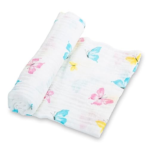 Image of LollyBanks Baby Blankets, 100% Muslin Cotton Swaddle Blanket for Girls, Soft and Large 47 x 47 Inches Newborn Swaddle, Breathable Baby Receiving Blankets, Registry (Butterfly Print)