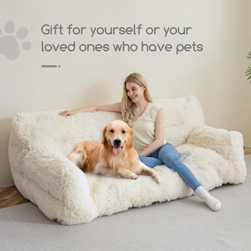 HIGOGOGO Giant Human Dog Sofa Bed, Big Comfy Floor Sofa Couch for Pet Families with Foam Chunk Supportive Mat, Fluffy Faux Fur Orthopedic Dog Bed for Human, XXXL Size, Beige - Thumbnail 5