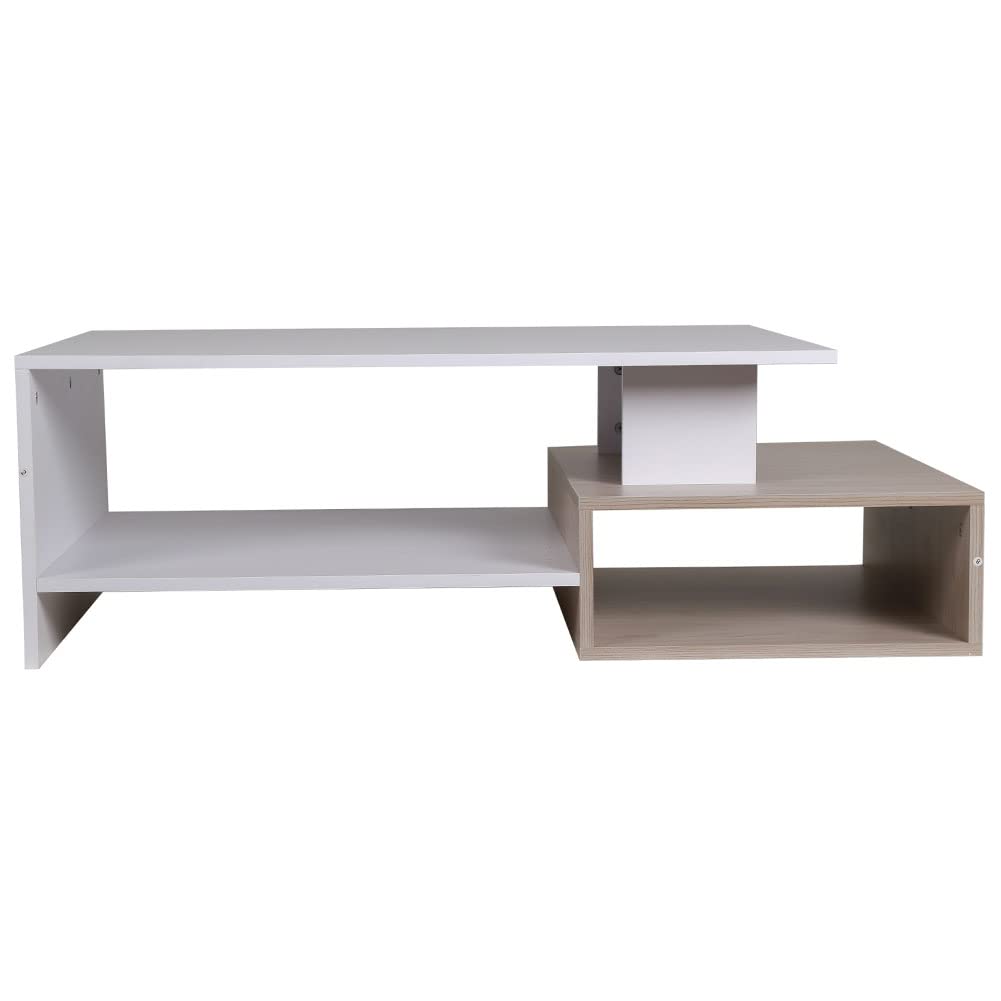 BAKAJI Tavolino Divano Tavolo Caffè da Salotto Rettangolare Design Moderno in Legno MDF con 4 Ripiani Inferiori Dimensione 106.5 x 60 x 34.5 cm Arredamento casa (Bianco e Quercia)