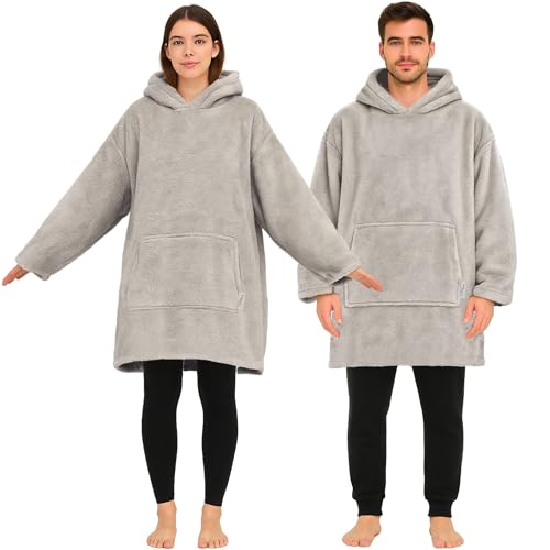 CalmyLIFE Hoodie Decke mit Ärmeln - Plüsch Sherpa Deckenpullover Oversize Kuscheldecke zum anziehen Kuschelpullover für Damen Herren XXL Poncho Blanket Pullover (Grau)