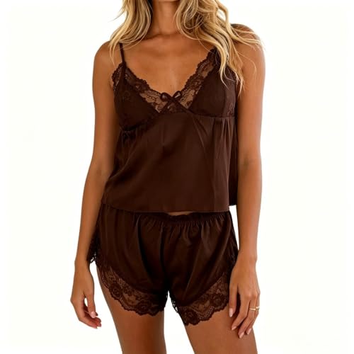 Image of Women Lace Trim Coquette Shorts Set Silk Satin 2Pcs Pajama Set Sleepwear