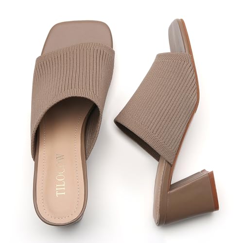 Image of Tilocow Knit Heeled Sandals for Women Square Open Toe Heeled Mules Chunky Block Low Heel Slip On Slides