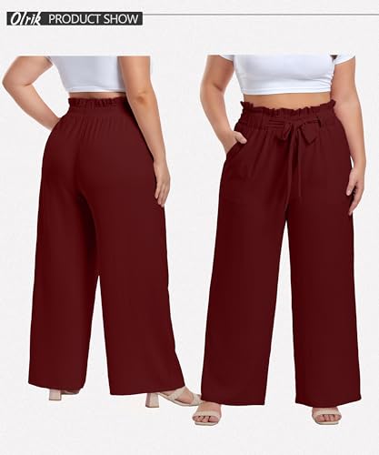 Image of OLRIK Women's Plus Size Pants Adjustable High Waisted Wide Leg Palazzo Pants Casual Trousers with Pockets Spring Clothes
