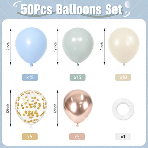 Image of Dusty Blue and Gold Balloons 50 Pcs 12 Inch | Light Blue Champagne Gold Balloons for Baby Boy Shower Bridal Engagement Birthday Wedding Bachelorette Party Decorations