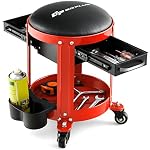 Goplus Rolling Mechanic Stool, Shop Stool Creeper Seat with Removable Padded Seat, 2 Drawers, Tool Tray, Twin Can Holder, Universal Wheels, Round Garage Workshop Chair, 330 Lbs Max Capacity (Red)
