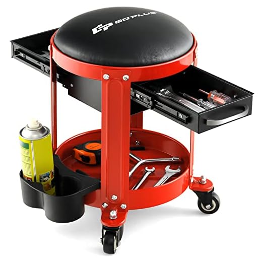 Goplus Rolling Mechanic Stool, Shop Stool Creeper Seat with Removable Padded Seat, 2 Drawers, Tool Tray, Twin Can Holder, Universal Wheels, Round Garage Workshop Chair, 330 Lbs Max Capacity