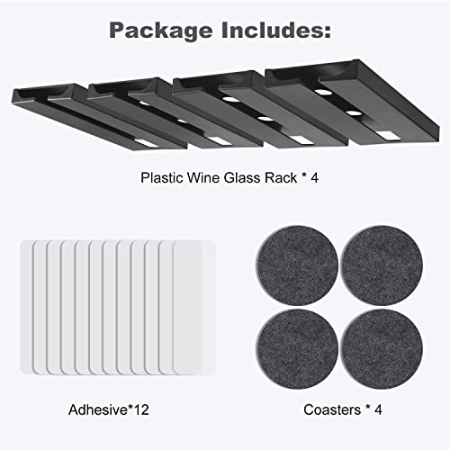 Ptbeenta Plastic Wine Glass Rack, No Drilling Wine Glasses Holder Under Shelf & Cabinet, Hanging Stemware Rack Organizer Hanger For Bar Cabinet Kitchen, 4 Pack, Black, 4 Coasters Included #TOP6