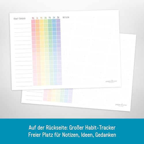 paper&you® A5 Wochenplaner Block [Rainbow] 50 Seiten inkl. Notizblock auf der Rückseite - klimafreundlich und nachhaltig