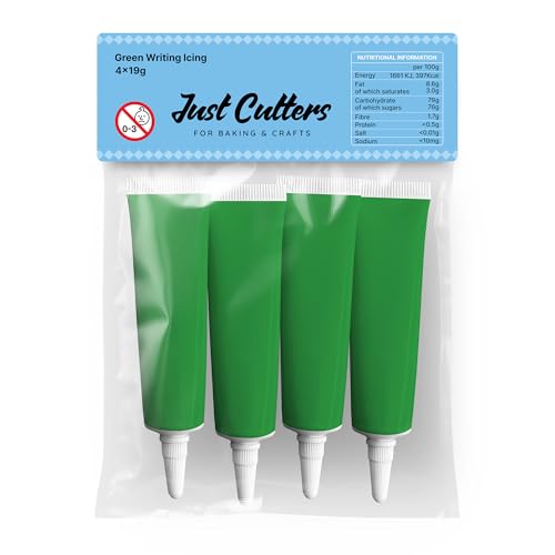 JUST CUTTERS Pack of 4 x 19g Writing Icing Tubes | Ready To Use | Instant Icing Pens for Writing, Drawing & Personalising Cakes, Biscuits & Baking (Green)