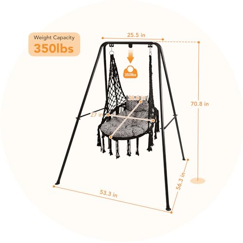 Lazy Daze Hammocks Swing Chair with Stand, Macrame Hanging Chair with Cushion, Heavy-Duty Steel Hammock Stand, Boho Hanging Swing for Indoor, Bedroom, Yard, Garden- 350 Lbs Capacity, Black