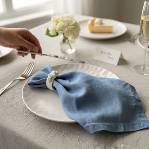 Hemstitched Linen Napkins – 20 Inch x 20 Inch – Stonewashed Pure Linen Cloth Dinner Napkins with Mitered Corners - 100% French Flax – Machine Washable - Set of 4 (Dusty Pastel Blue) by Eight Owls - Used condition - Image 3