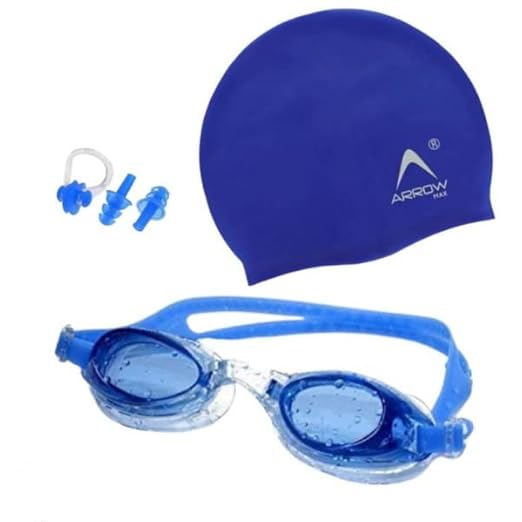 ArrowMax 100% Silicone Anti Fog Swimming Goggles,Cap,earplug & noseplug Set- Ideal for All Age Group | Silicone Non Slip | Easy to Carry and Skin Friendly- by Arrowmax (Blue) at Rs. 245