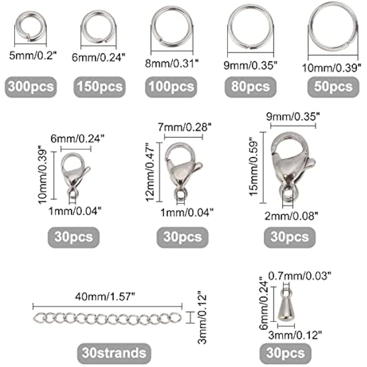 PH PandaHall 830pcs Jewelry Making Findings Stainless Steel, 680pcs 5 Styles Jump Rings 90pcs 3 Styles Lobster Claw Clasps 30pcs 40mm Extender Chains 30pcs Chain Drop for DIY Bracelet Necklace