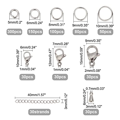 Ph Pandahall 830Pcs Jewelry Making Findings Stainless Steel, 680Pcs 5 Styles Jump Rings 90Pcs 3 Styles Lobster Claw Clasps 30Pcs 40Mm Extender Chains 30Pcs Chain Drop For Diy Bracelet Necklace #TOP3