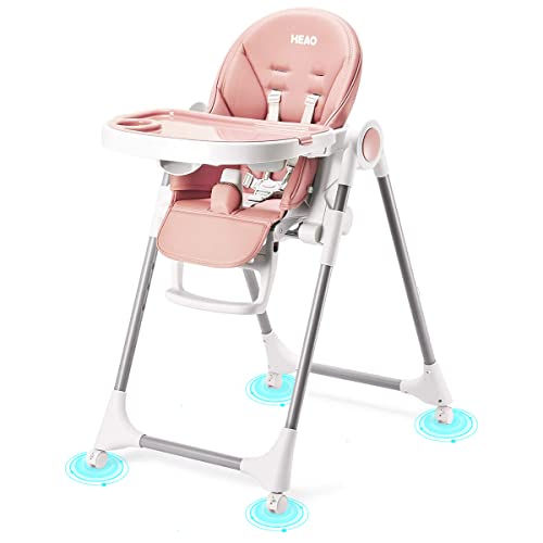 Image of HEAO Baby High Chair 360° Rotating Wheels - Pink Highchair 7 Heights Adjustable - 5 Positions Recline Baby highchair - Foldable High Chairs for Babies and Toddlers