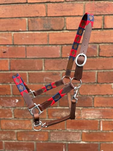 Leather Polo Headcollar, Handmade Embroidered Pattern, Brown with Adjustable Straps, Oil Pull-up Leather (Navy/Red, Full)