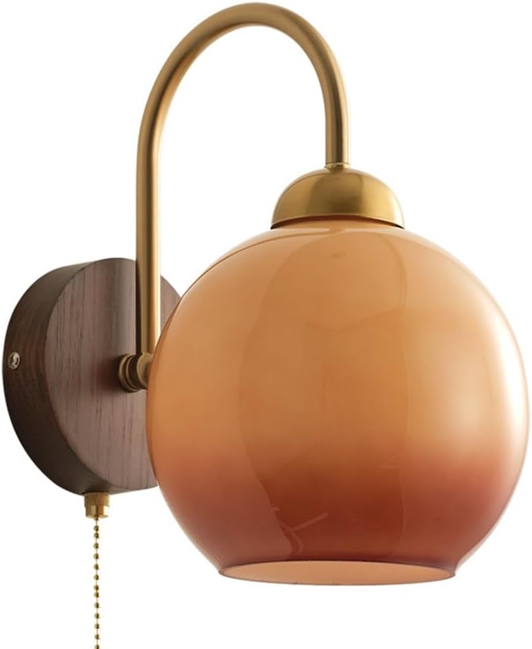 Modern Mid Century Wall Sconce Pull Chain Switch Amber Glass Globe Wall Light Walnut Wood Base Bedside Wall Lamp Bedroom Living Room Study Lighting Fixture