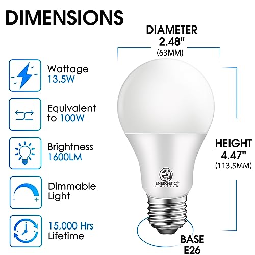 Energetic Led Bulbs 100 Watt Equivalent，Natural White 4000K A19 Dimmable Light Bulbs, 13.5W 1600Lm Cri80+, 15000Hrs, Ul Listed, 6-Pack #TOP1