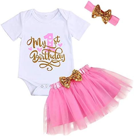 GRNSHTS Baby Girl Birthday Cake Smash Outfit Toddler Girl My 1st Birthday Romper Tutu Skirt with Headband Clothes Set (Hot Pink, 12-15 Months)