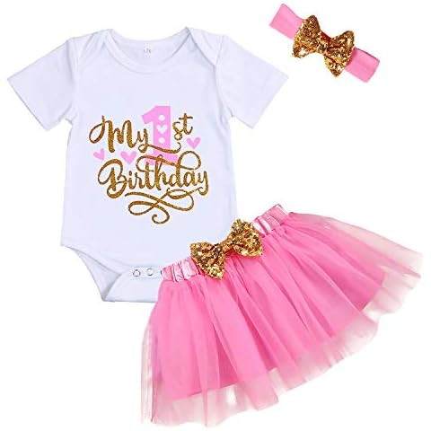 GRNSHTS Baby Girl Birthday Cake Smash Outfit Toddler Girl My 1st Birthday Romper Tutu Skirt with Headband Clothes Set (Hot Pink, 9-12M) Cover
