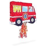 Fire Truck Pull String Pinata for Birthday Party Decorations (16 x 12.3 x 3 In)