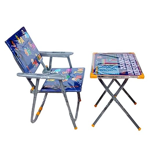 Kenvi US Kids Study Table with Chair, Cartoon Pattern ABCD, 1234,क ख ग Printed Foldable Study Table and Chair Set, for Kids Boy and Girl (Age 2 to 5 Year Old) (Red Blue Color May Vary) ||BN77