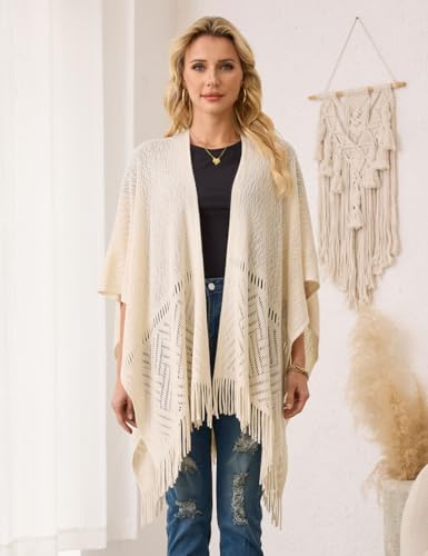 Ferand Women's Lightweight Crochet Shawl Wraps Open Front Knit Fringe Poncho for Spring Summer2