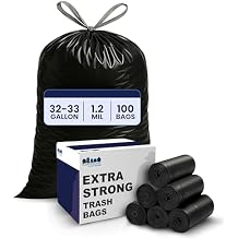 Plasticplace 32-33 Gallon Trash Bags 1.2 Mil Drawstring Garbage Can Liners 33 x 39, Black, 100 Count
