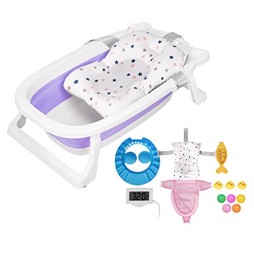 Baignoire Pliable Pour Bébé, Bain Baignoire Bébé avec Support, Baignoire bebe pour Douche avec pieds Antidérapants et Affichage de la Température (Violet) Cover