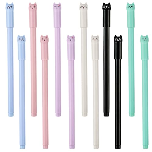 12PCS Kawaii Cat Pens 0.5mm Black Ink Cute Animal Gel Pen Cats Style Pencils, Kitten Stationary Supplies Fine Point Ball Pens Nice Fun Themed Gifts for Cat Lovers Women Kids School and Office Use (12)