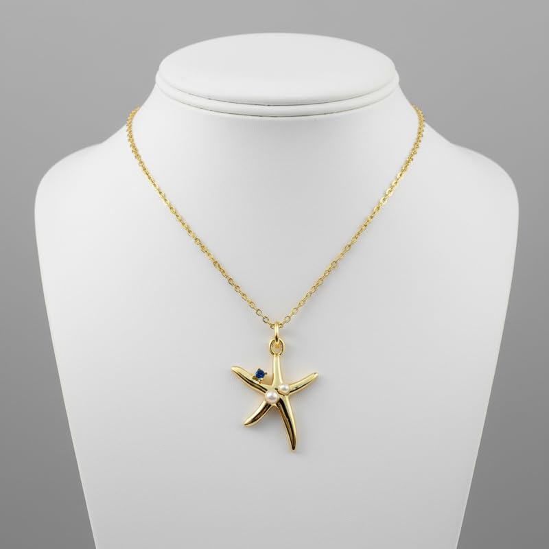 Collar con colgante de estrella de mar de plata de ley 925 chapado en oro con perla de agua dulce de 24x18 mm y cadena de cable de 45 cm (18 pulgadas), joyería hecha a mano |WW_SCA_0122