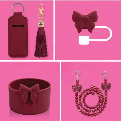 Image of House of Quirk 6 Accessories Set Silicone Straw Cover, Cup Boot, Handle Chain, Handle Strap, Sticker 40oz & 30oz Tumbler (Bow Maroon, Tumbler Not Included)